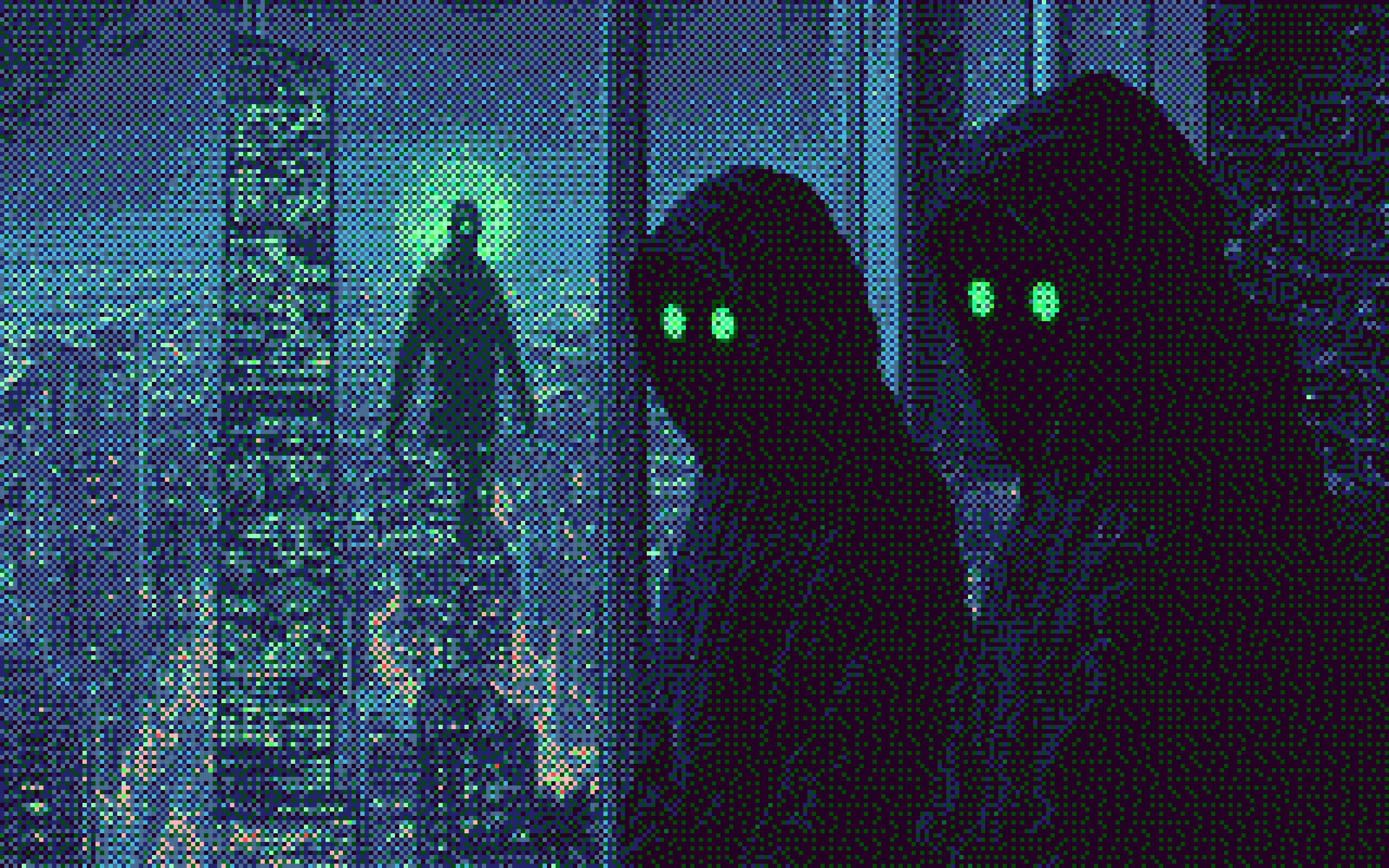 Hooded agents with glowing green eyes overlooking a neon city