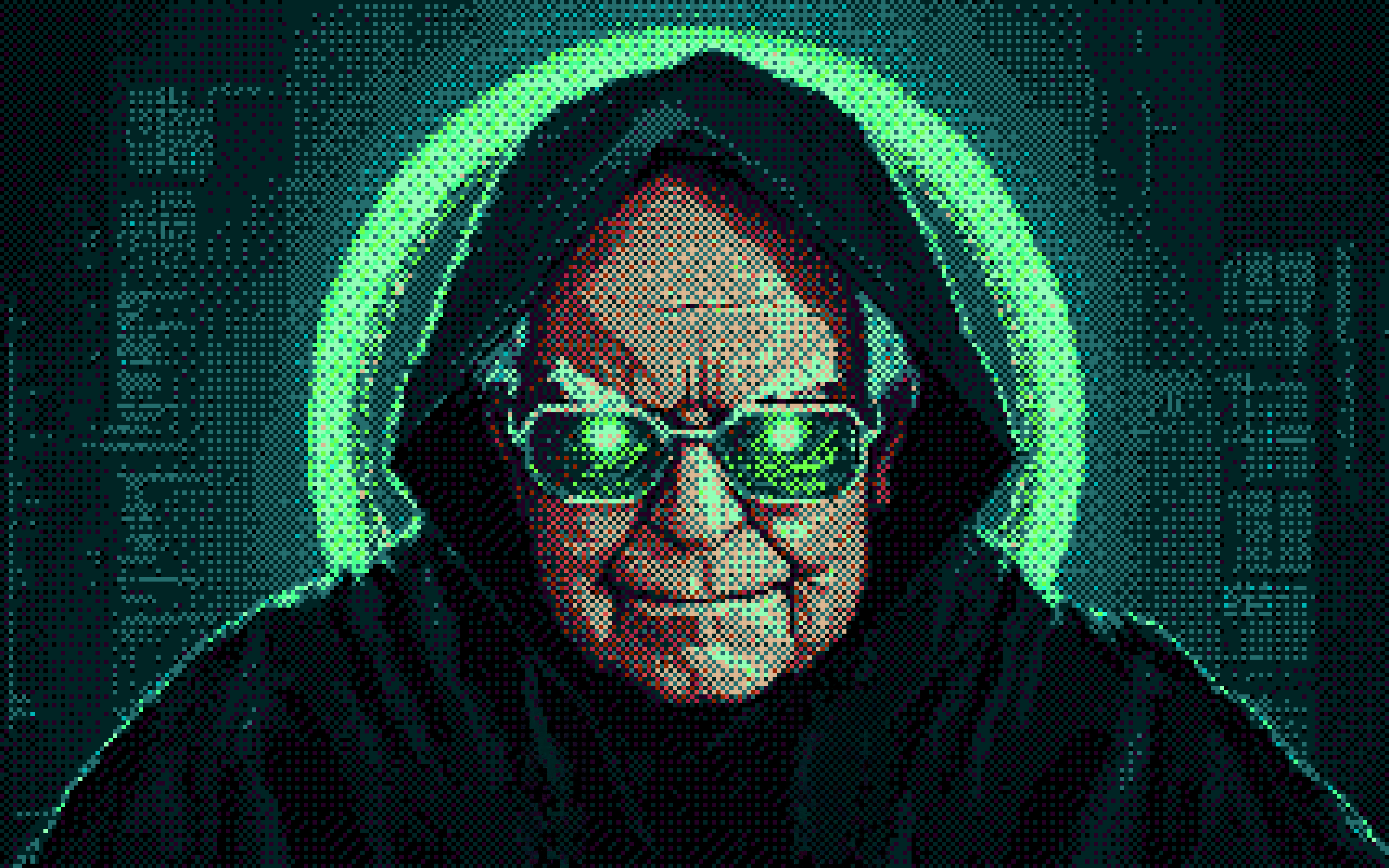 Warden Bufet, pixel-art portrait of a hooded figure with green glasses